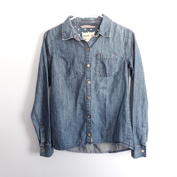 Feed USA + Target Collaboration Denim Chambray Button Front Shirt Size Small - Picture 2 of 7